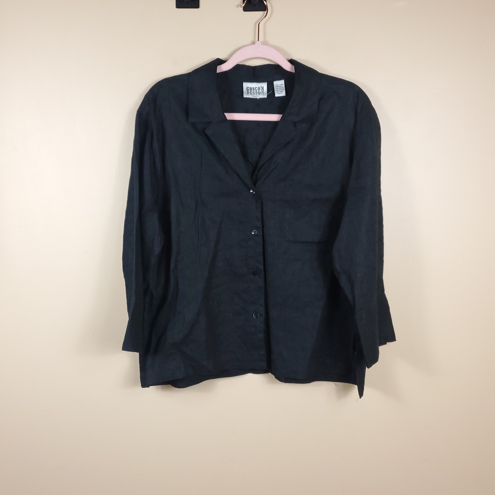Vintage Chico's Black Linen Embroidered Button-Up Shirt Size 2/M